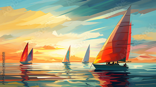 A vector image of a sailing regatta with colorful sails.