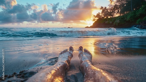 A person's feet are in the sand on a beach at sunset