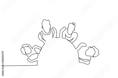 little children nursery primary school sitting together at the table learning dining table round education one line art design vector