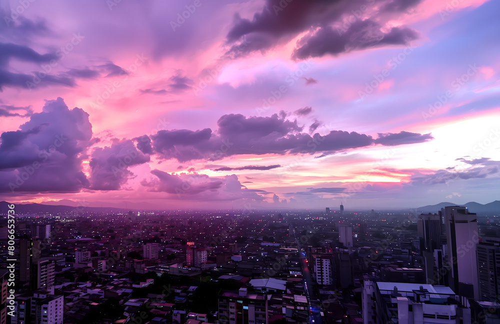  pink and purple clouds in an urban landscape, view from above