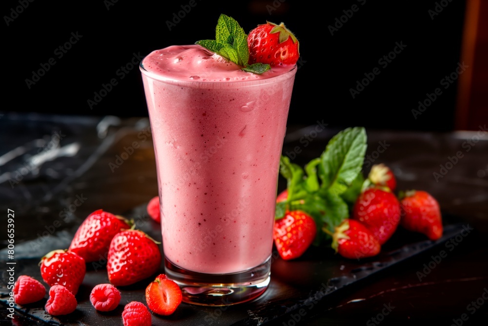 strawberry smoothie with mint. Still life side view strawberry smoothie with mint. Still life side view