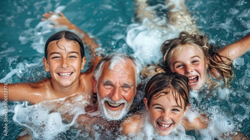 A man and three children are in a pool, enjoying themselves