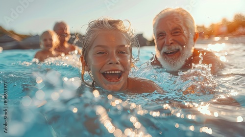 A young girl and an older man are swimming in a pool