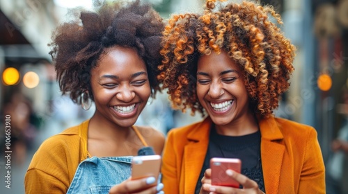 Two women with curly hair are smiling and holding up their cell phones
