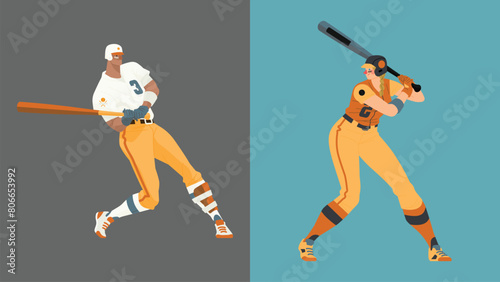 Illustration of baseball player hitting with bat on flat background