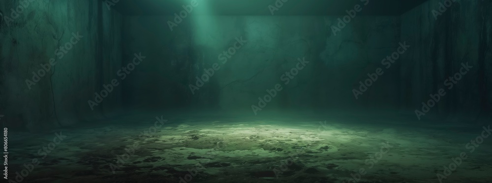 Banner, A dark green, empty room with a light shining on the floor. The room is filled with dirt and debris, giving it a creepy and unsettling atmosphere Banner, A dark green, empty room with a light shining on the floor. The room is filled with dirt and debris, giving it a creepy and unsettling atmosphere
