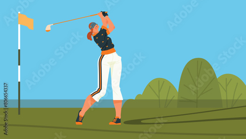 Senior female golfer. Woman over 60s doing a golf swing, vector cartoon, no transparencies