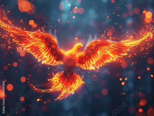 Capture a majestic phoenix soaring through a digital landscape, its fiery feathers reflecting neon lights Use CG 3D for a modern twist on a mythical symbol