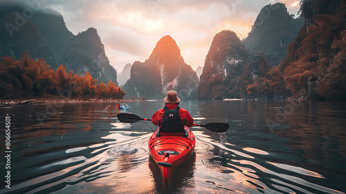 A man in a red kayak is paddling down a river photo