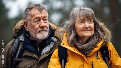 A man and a woman are standing in the woods  both wearing heavy coats