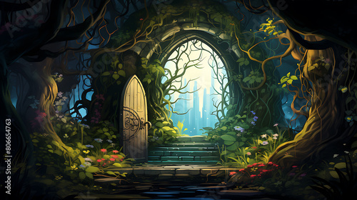 A vector image of a secret garden hidden behind a magical door.