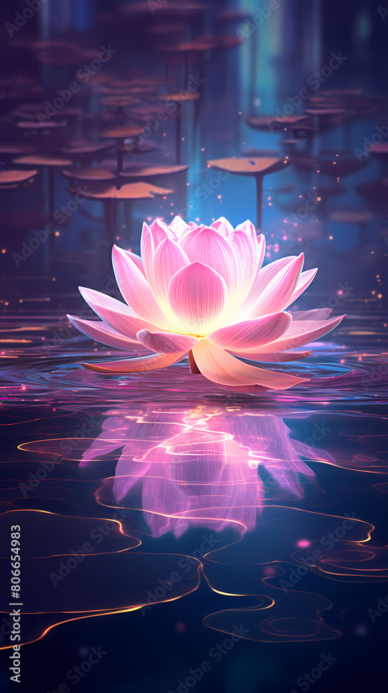 Glowing purple lotus flower floating on water