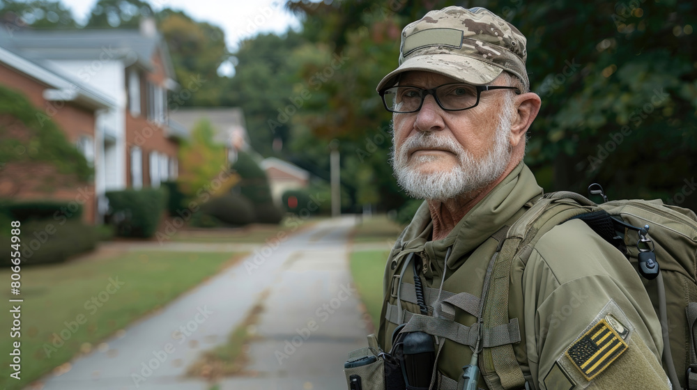 A man in a camouflage hat and glasses stands on a sidewalk in front of a house A man in a camouflage hat and glasses stands on a sidewalk in front of a house