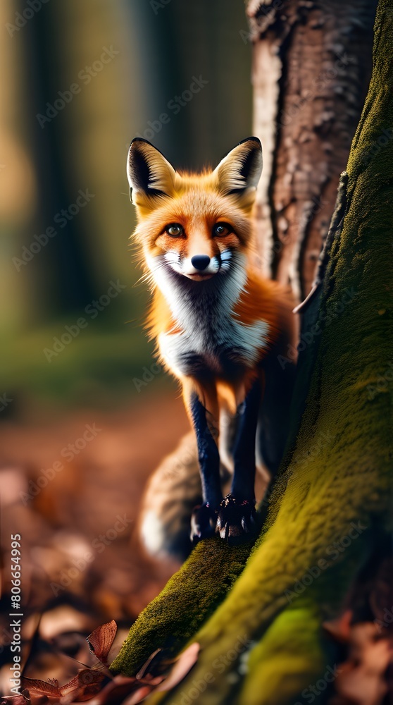 Fototapeta premium Red fox cub standing in the wild on a white background