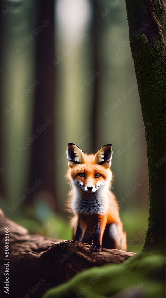 Fototapeta premium Red fox cub standing in the wild on a white background
