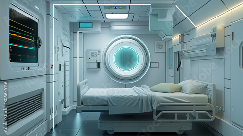 High-tech medical room on a spaceship, featuring a bed and sophisticated monitoring devices photo