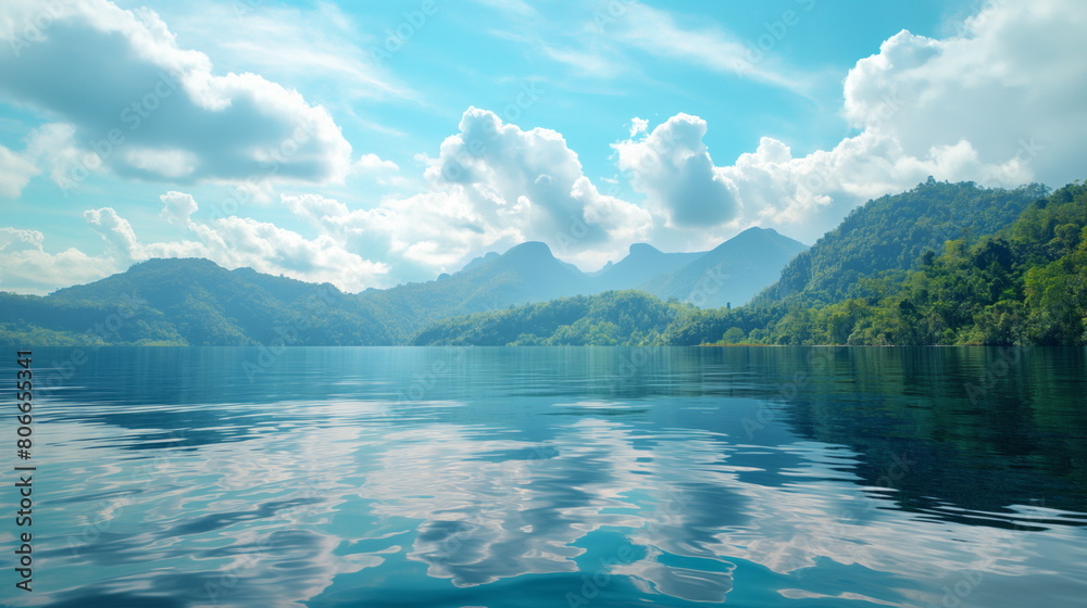 Lake in Thailand reflects the lush mountains and a clear sky peppered with clouds