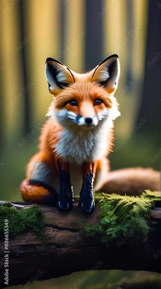 Fototapeta premium Red fox cub standing in the wild on a white background