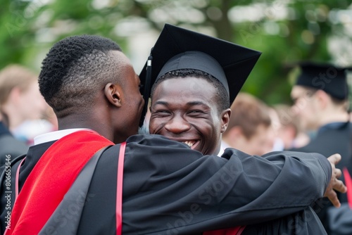 Joyful embrace among diverse young men at their graduation, a symbol of their camaraderie