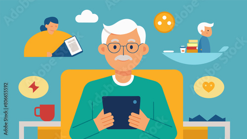 A retiree using a tablet to stay in touch with loved ones and pursue hobbies but also setting boundaries and not letting technology consume their.