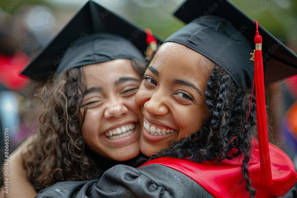Two young women hugging tightly, filled with joy at their graduation ceremony