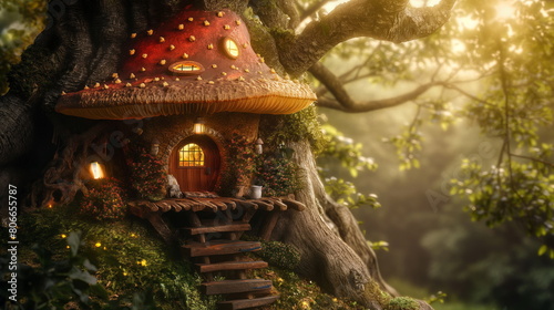 Mushroom fantasy house illustration  nature fairy home  fairy tale forest  magical  cottage  tree