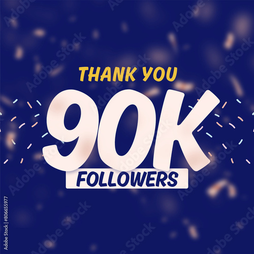 Thank you 90k followers celebration with gold rose pink blurry confetti on blue background