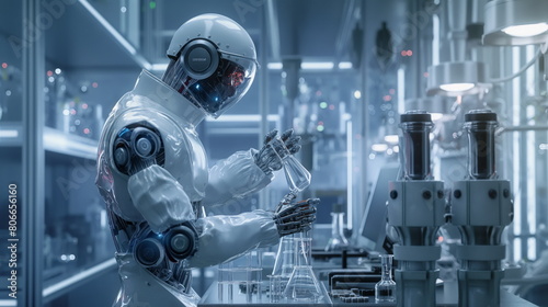 Robot scientist conducting experiments in a laboratory filled with advanced equipment and technology, Futuristic research, Technological discovery