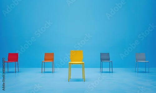 A set of three chairs with different colors and shapes on them