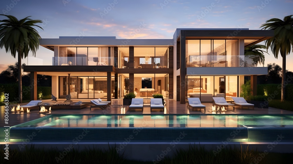 Luxury modern villa with swimming pool at dusk. Panorama