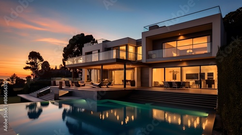 Panorama of modern luxury house with swimming pool and sunset sky. © Michelle
