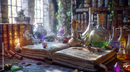 Mystic alchemists lab with bubbling potions, mystical artifacts, and ancient tomes bathed in sunlight