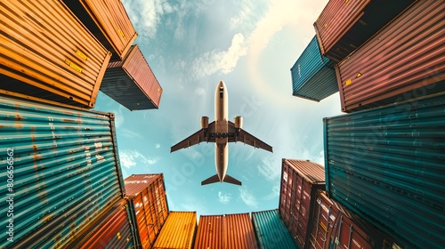 Commercial airplane ascending between colorful cargo containers under an open sky. Perfect for travel and logistics themes. Dynamic composition with a clear blue sky background. AI photo