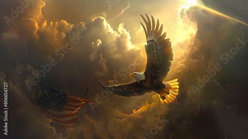 Majestic eagle soaring in the radiant sunset sky. Freedom and nature concept showcased. Ideal for wall art and inspirational themes. AI photo