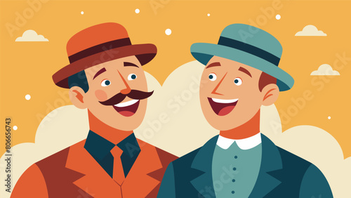 Two men laughed as they dressed up in vintage hats they found at the sale posing for a photo to remember their silly purchase.. Vector illustration