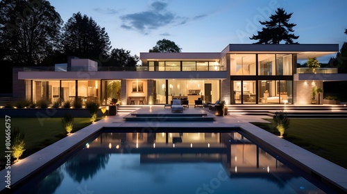 Luxury house with swimming pool and garden at dusk. Long exposure photo
