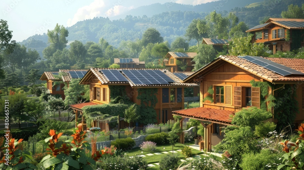 A virtual tour of a sustainable eco-village where every home is equipped with solar tile roofs and other renewable energy features.