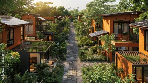 A virtual tour of a sustainable eco-village where every home is equipped with solar tile roofs and other renewable energy features. © 2D_Jungle