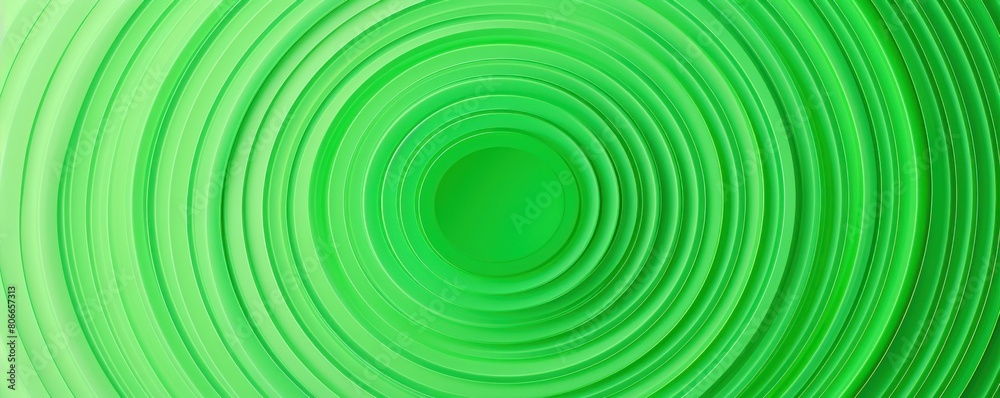Green thin concentric rings or circles fading out background wallpaper banner flat lay top view from above on white background with copy space blank 