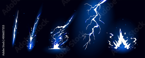 Lightning strike bolt silhouettes sequence vector illustration. Black thunderbolts and zippers are natural phenomena isolated on a dark background. Thunderstorm electric effect of light shining flash. photo
