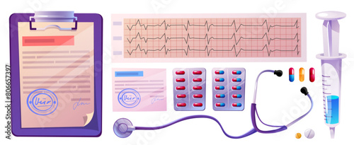 Doctor equipment and working elements for desk top view design. Cartoon vector set of paper documents or prescription, cardiogram examination test results and stethoscope, medicine and syringe.