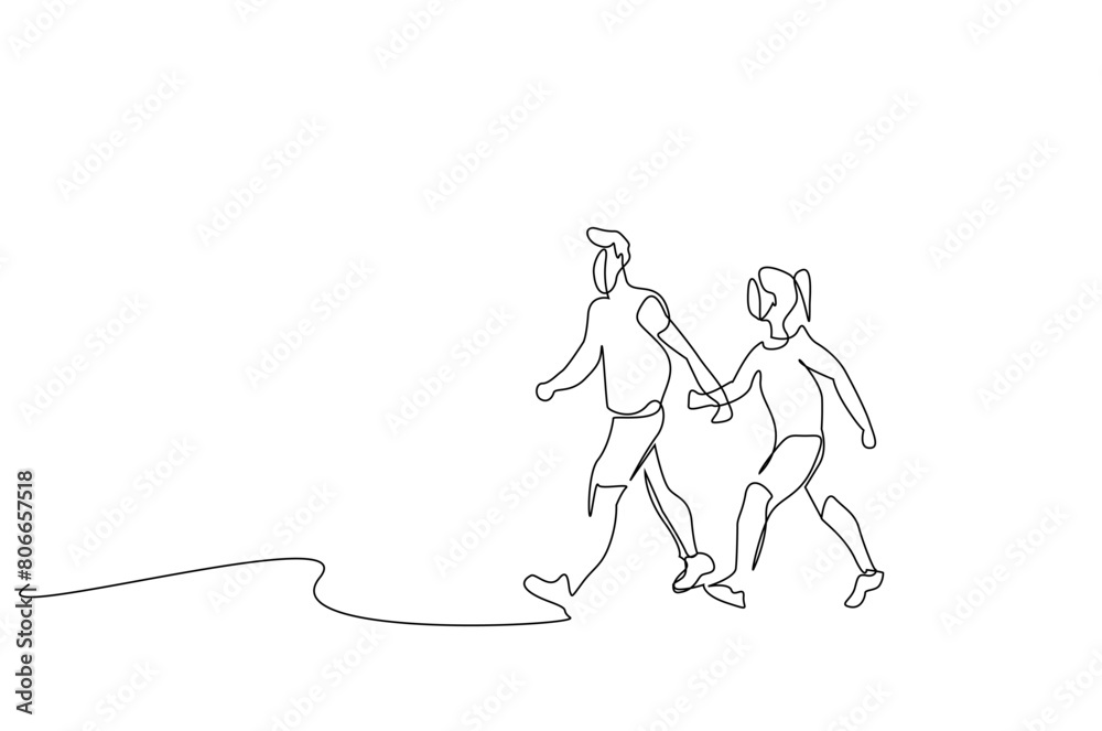 woman man sport park walk run health life one line art design vector