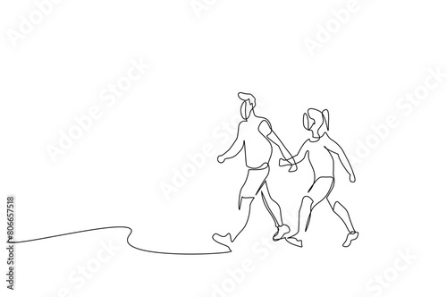 woman man sport park walk run health life one line art design vector