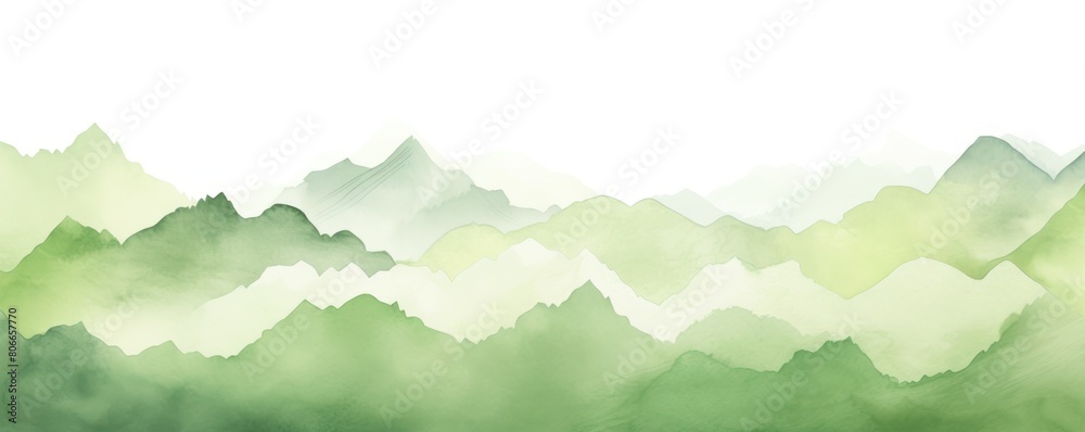 Green tones watercolor mountain range on white background with copy space display products blank copyspace for design text photo website web banner 