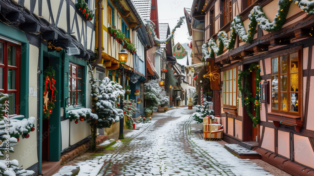 Fototapeta premium copy space, stockphoto, charming little german village with timber framing shops, decorated for christmas, winter time. Cozy travel destination during Christmas time. Christmas card, invitation card.