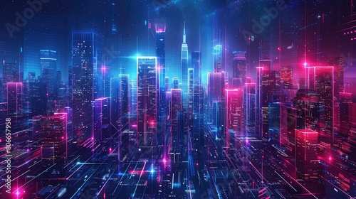 Panoramic urban architecture  cityscape with space and neon light effects. Modern hi-tech  science  futuristic technology concept. Abstract digital high-tech city design for banner background
