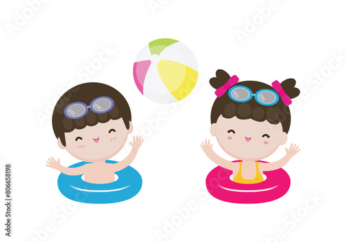 Cute kids wearing float rings on inflatable playing ball in Pool party, cartoon charact flat style vector illustration on white background