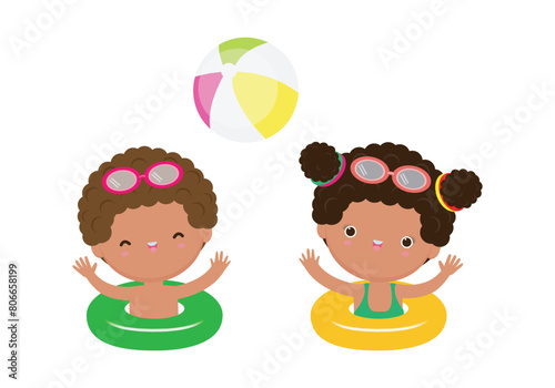 Cute kids wearing float rings on inflatable playing ball in Pool party, cartoon charact flat style vector illustration on white background