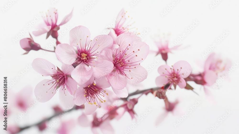 Pink cherry blossom  isolated  on white background, Beautiful spring cherry blossom sakura in pastel pink colors isolated, selective depth of field,Branch of cherry with blossom flowers