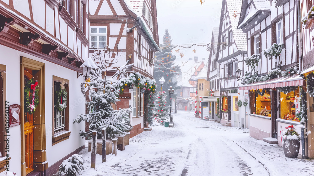Fototapeta premium copy space, stockphoto, charming little german village with timber framing shops, decorated for christmas, winter time. Cozy travel destination during Christmas time. Christmas card, invitation card.